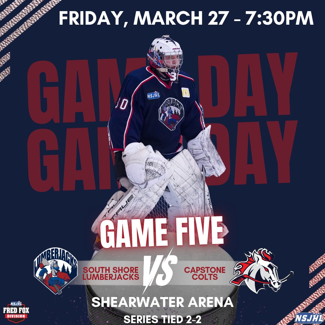 lumberjackshky's tweet image. 🚨🏒 IT'S GAME DAY! 🏒🚨

Big game. Bigger stakes. No excuses.

Your South Shore Lumberjacks start the weekend off on the road for Game 5 of the Fred Fox Finals against the Capstone Colts tonight.

📍 Shearwater Arena
🕡 Puck drops at 7:30pm

#gojacksgo #timberrr #playoffhockey