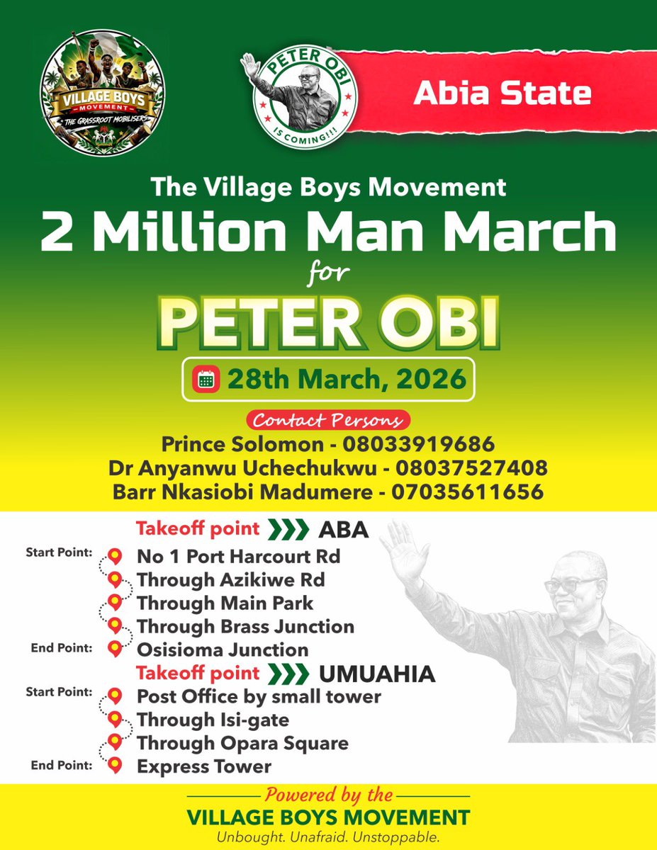 🇳🇬 2 MILLION MAN MARCH IS HERE!

The Village Boys Movement (VBM) is calling on all supporters of Peter Obi to come out in massive numbers for the March &amp; ADC Registration Drive this March 28, 2026 (Phase 1).

📍 States:
Abia, Adamawa, Anambra, Ebonyi, Plateau, Jigawa, Kaduna,