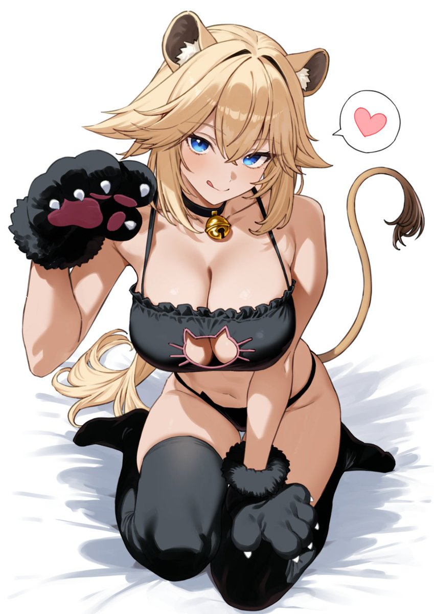 ネコに扮して後輩をからかうライオン娘先輩の絵です 