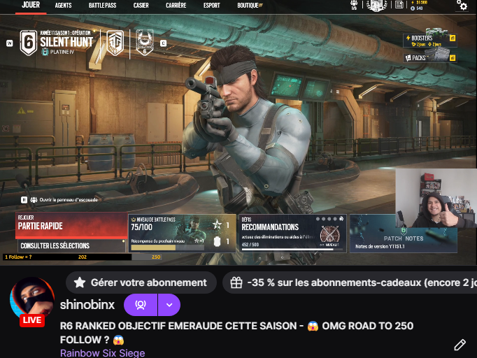{EN STREAM}
Ranked R6 Insha Allah l'émeraude cette saison
twitch.tv/shinobinx
twitch.tv/shinobinx
twitch.tv/shinobinx