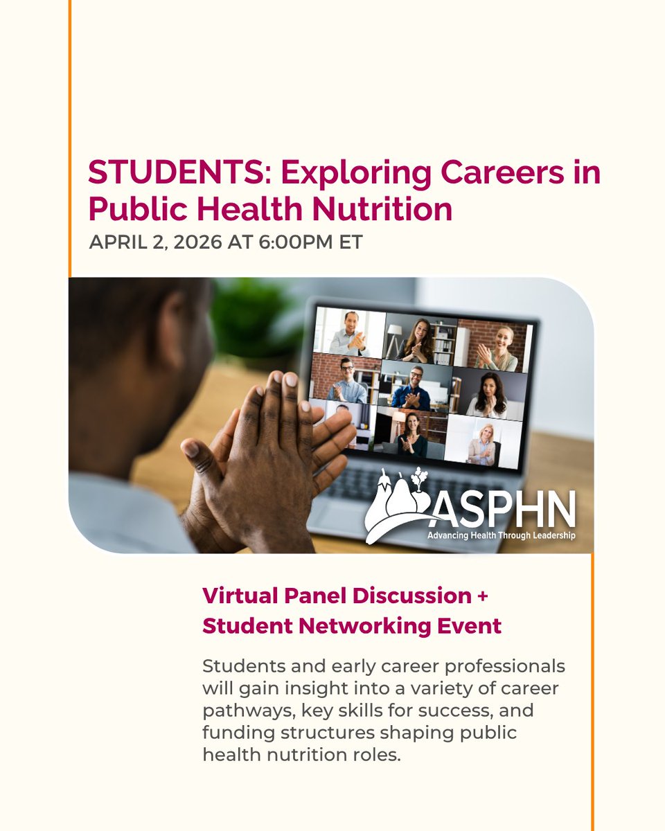 ASPHN1's tweet photo. Students + early-career professionals — explore careers in #publichealthnutrition with ASPHN!

📅 April 2, 6 PM ET: Virtual Career Panel
📅 April 16, 6 PM ET: Student Networking Event

Learn about roles, funding, and key skills across the field.
Register: https://t.co/UUedIlGfr2 https://t.co/cxe34NMn1t