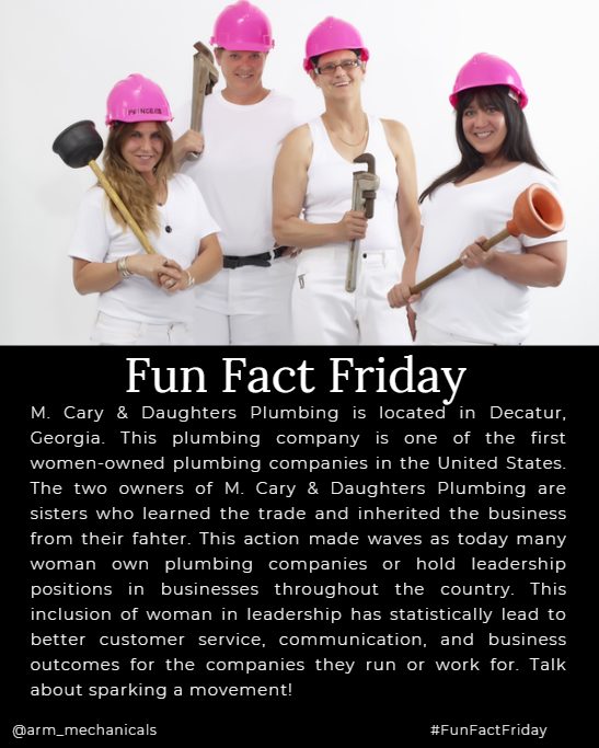 arm_mechanicals's tweet image. M. Cary &amp;amp; Daughters Plumbing was one of the first woman-owned plumbing businesses in the U.S. and inspired companies across the country to start placing women in positions of leadership. That's what we call breaking down barriers! #FunFactFriday #PlumbingFacts #WomensHistoryMonth