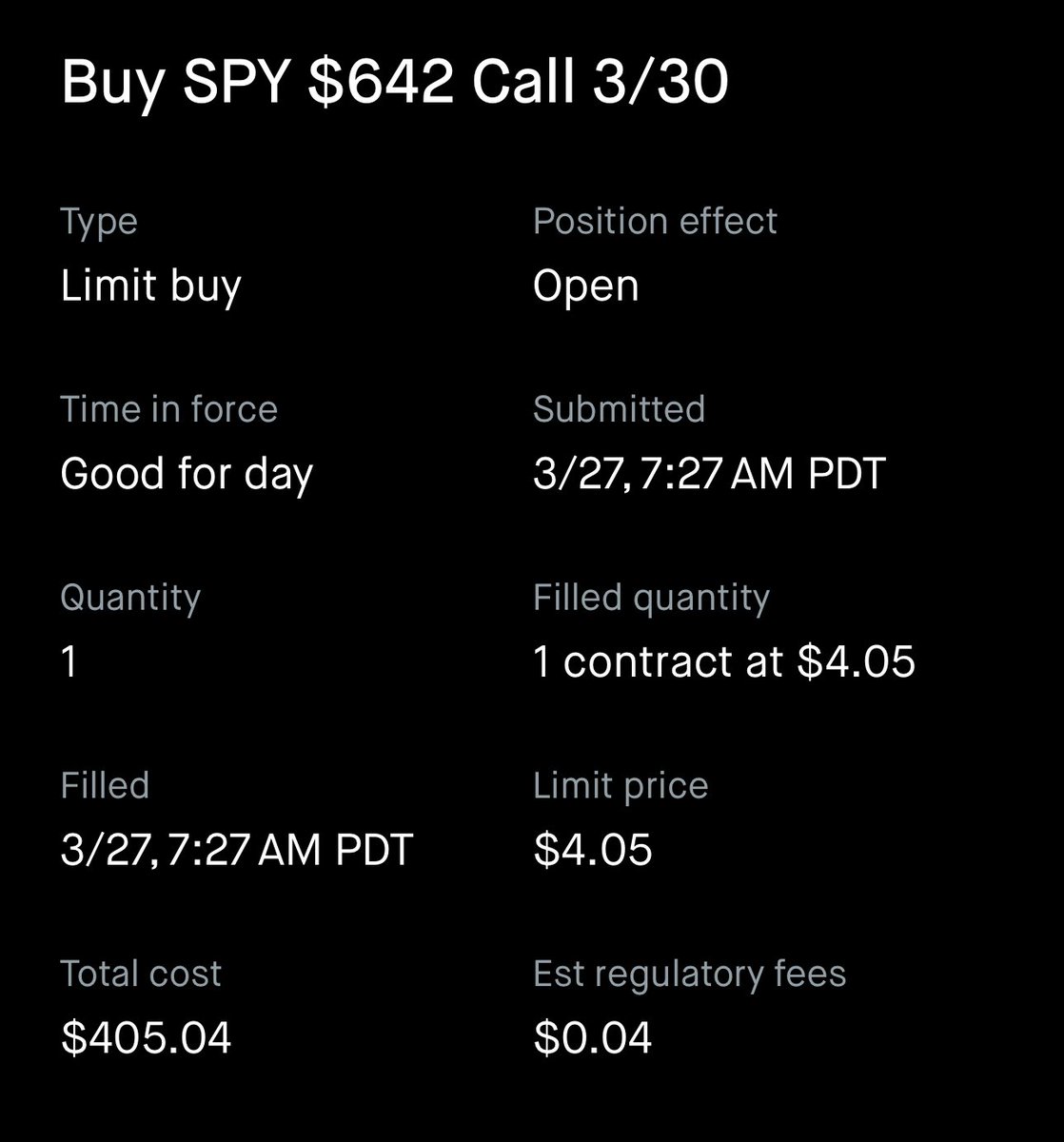 ProphetTrade's tweet photo. $SPY $642 Call 3/30exp filled @ $4.05 https://t.co/CyvI27V1Ed
