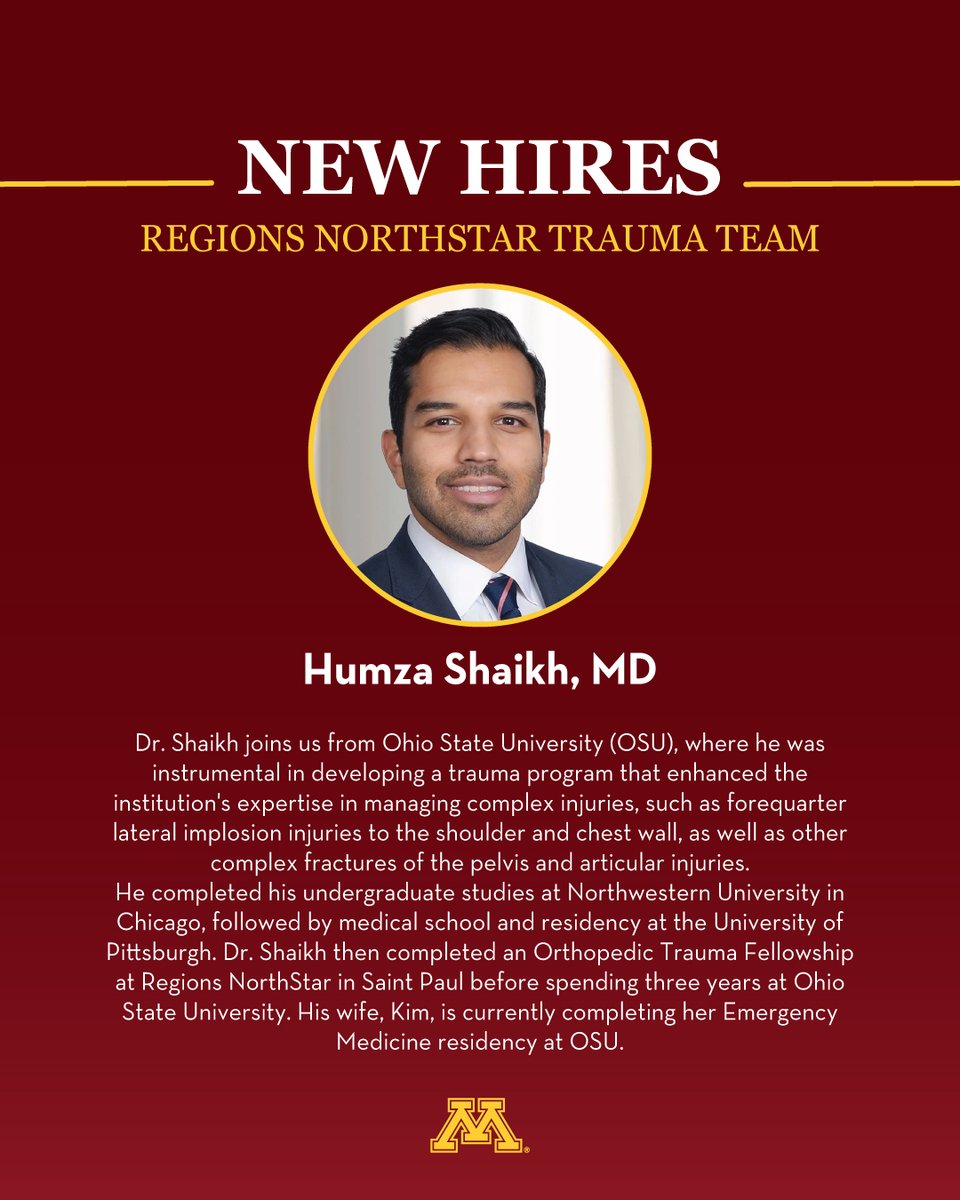 peter_a_cole's tweet photo. I am extremely excited with the announcement of this expansion of our @RegionsHospital  NorthStar Team in the coming months. Regions Hospital Orthopedic Trauma has continued to raise the bar for over two decades with the advancement of clinical care in the context of its research and educational programs. Humza Shaikh from Ohio State is a rising star in the area of Complex Forequarter Injuries, fractures of the shoulder and chest wall, but he will also buttress our broad fracture coverage and management of the multiply injured patient. Tyler Moon is a Blue Chip draft pick from Texas from arguably the most dominant education fellowship program in the field, and he will be ready to run on September 1!

#OrthopaedicTrauma
#TraumaSurgery
#SurgicalExcellence
#TeamExpansion