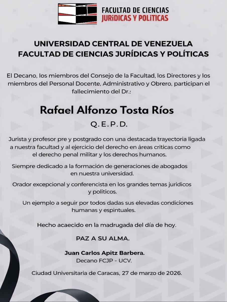 manolomelet's tweet photo. Lamentando profundamente el fallecimiento del Doctor Rafael Tosta Ríos, brillante jurista,eximio orador, docente queridísimo de nuestra Facultad de Ciencias Jurídicas y Políticas UCV https://t.co/Jx7FGhNT2G