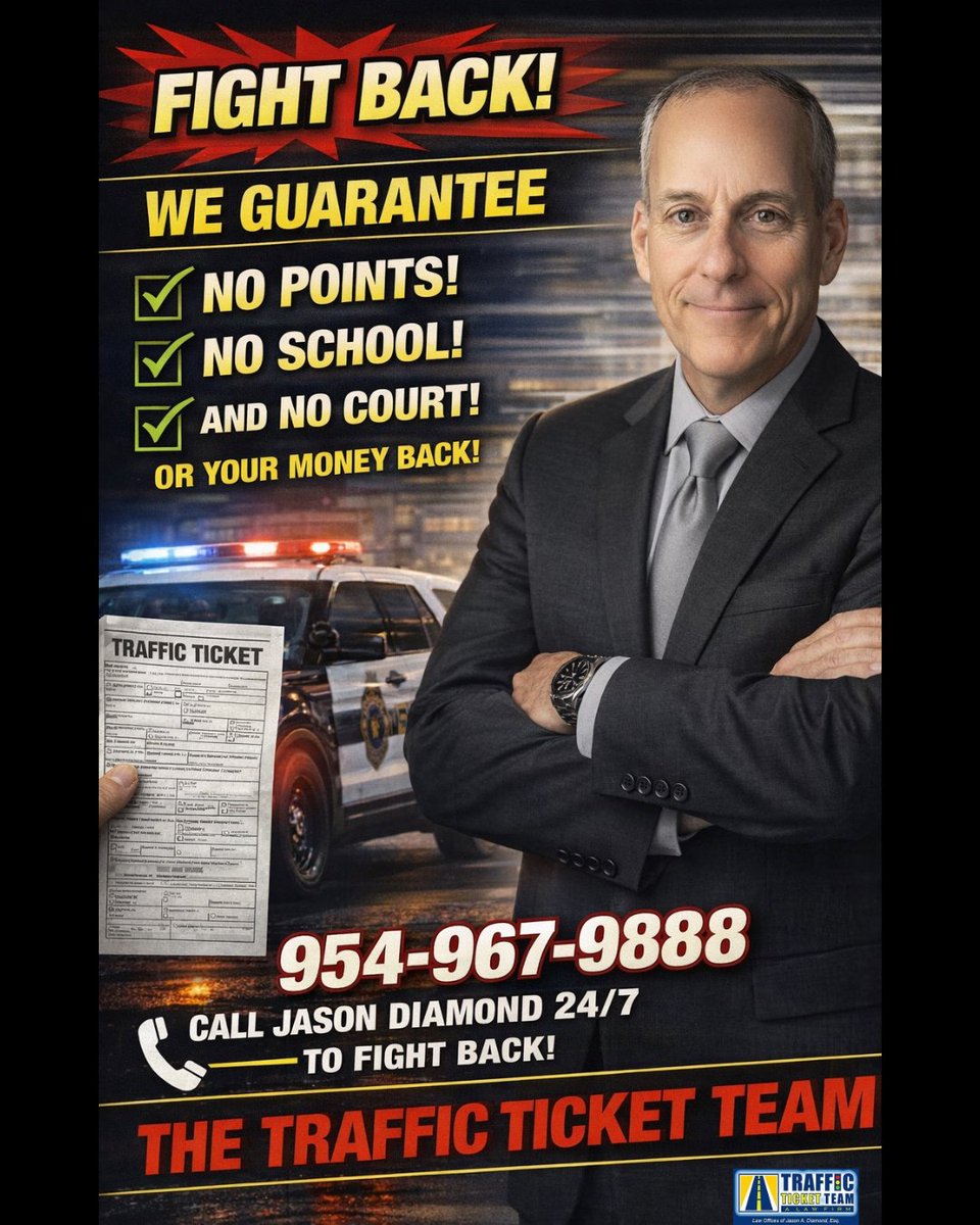 1ticketteam's tweet image. Traffic ticket? Don't worry, we've got your back! Contact the TRAFFIC TICKET TEAM and Attorney Jason Diamond for a NO POINTS, NO SCHOOL, NO COURT GUARANTEE. Call or text (954) 417-1657 and mention code 10OFF for a 10% discount.  🚗 #TrafficTicket #LegalAssistance
