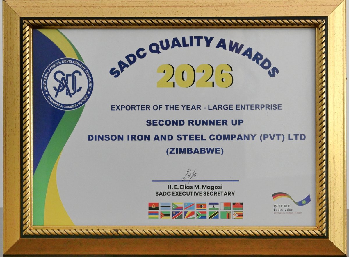 Disco_Zimbabwe's tweet image. 🏆 Award Alert!
Dinson Iron and Steel Company has been awarded 2nd Runner-Up – Exporter of the Year (Large Enterprise) at the SADC Quality Awards 2026.
Showcasing Zimbabwe’s industrial excellence across the SADC region and beyond! 🇿🇼🌍
 
#SADC #Zimbabwe #SteelIndustry