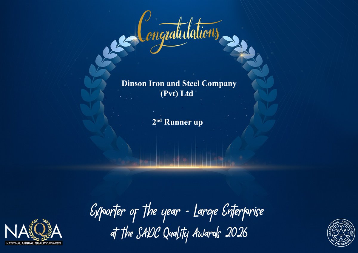 Disco_Zimbabwe's tweet image. 🏆 Award Alert!
Dinson Iron and Steel Company has been awarded 2nd Runner-Up – Exporter of the Year (Large Enterprise) at the SADC Quality Awards 2026.
Showcasing Zimbabwe’s industrial excellence across the SADC region and beyond! 🇿🇼🌍
 
#SADC #Zimbabwe #SteelIndustry