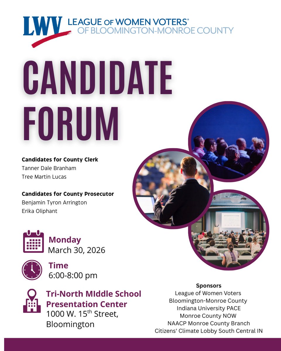 Happy to get the word out about another candidate forum as Primary Elections approach. #votingmatters, #BloomingtonIN, #primaryelections, #feminism