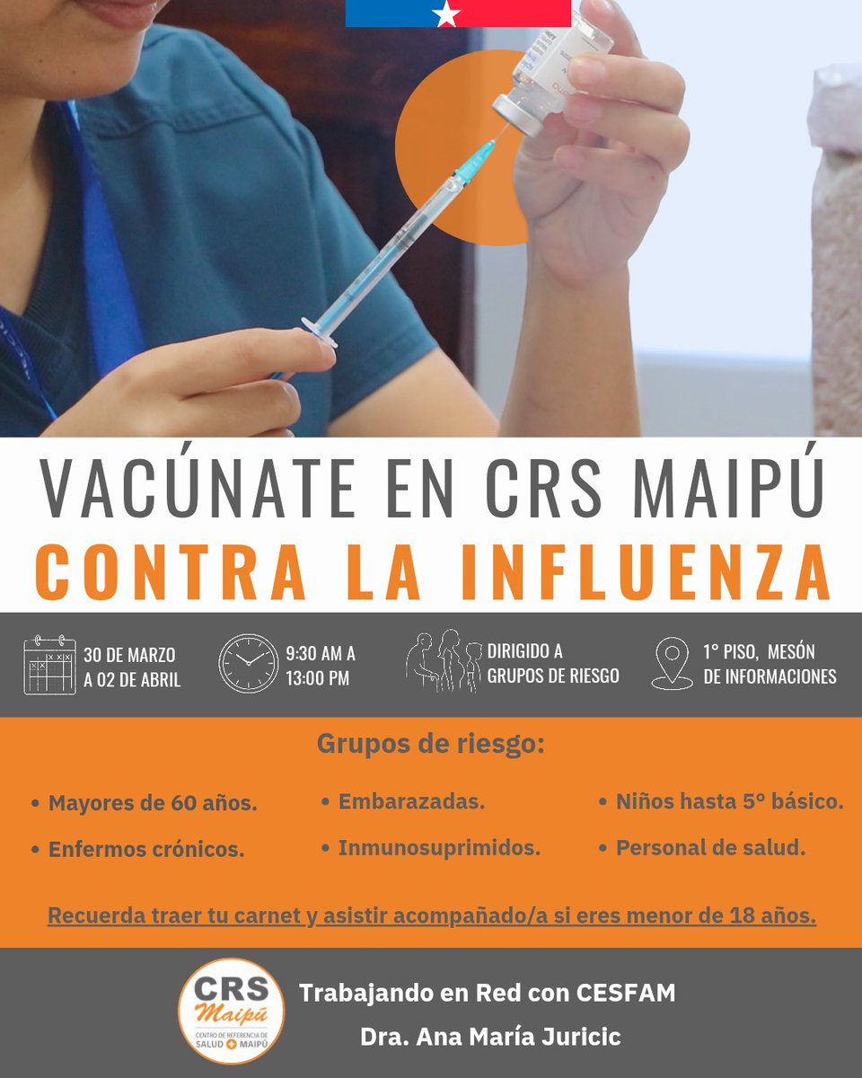 #ComunidadCRSMaipú 🦠¿Ya te vacunaste contra la influenza? Házlo con nosotros.

💉Estaremos vacunado a la población de riesgo desde el lunes 30 de marzo al jueves 02 de abril.

✅ Recuerda traer tu cédula de identidad.

#SaludConCalidadyCalidez
#CRSMaipúCuidaTuSalud