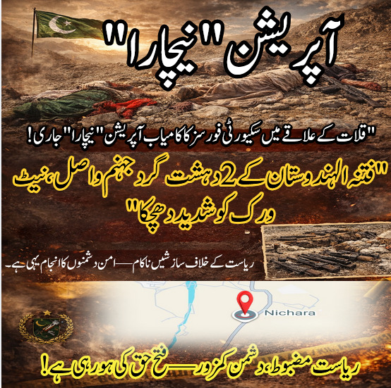 qudoos297's tweet photo. !قلات کے علاقےمیں سکیورٹی فورسز کا کامیاب آپریشن" نیچارا"جاری"
"فتنہ الہندوستان کے 2 دہشت گرد جہنم واصل، نیٹ ورک کو شدید دھچکا"
ریاست کے خلاف سازشیں ناکام — امن دشمنوں کا انجام یہی ہے۔
#HaqeeqatKiJeet #SecurityForcesSuccess #BalochistanSafe #TerroristsEliminated https://t.co/7YzKQlSGMD