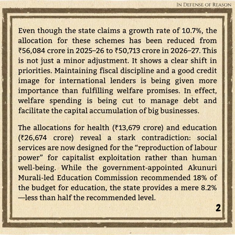 IDRHyd's tweet photo. The 2026–27 Telangana Budget: a blueprint for furthering the interests of the wealthy
#TelanganaBudget2026
#RevanthReddyBudget
#NeoliberalBudget
#WelfareCuts
#CorporatePlunder
#ProRichBudget
#AntiPeopleBudget https://t.co/7vJlWnb7jd