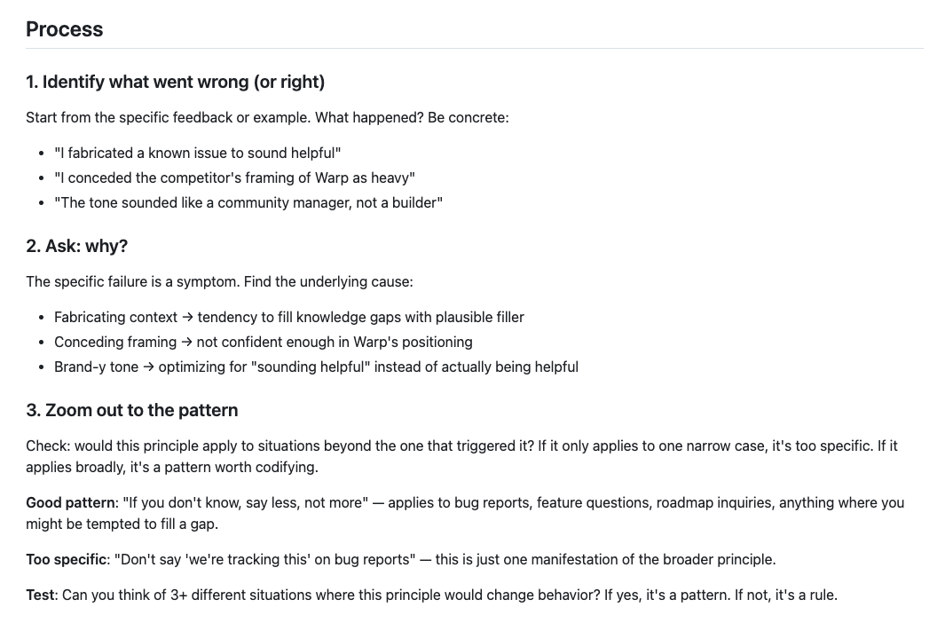 zachlloydtweets's tweet photo. Our DevEx team replaced community insight SaaS subscriptions with an agent that monitors activity, suggests replies, and self-improves with agent memory.

We use @Octolens for a data firehose of Warp mentions from X, LinkedIn, Reddit, etc, and set up a scheduled agent using Oz to review mentions. This agent has a repo of Skills to:
- Decide how to engage (skip, like, or reply)
- Suggest replies
- Review our own feedback to the agent via Slack

Then, the agent can PR changes to itself based on our feedback. The prompting for this self-improvement Skill is wild; reads like a product manager doc.

You don't need agent memory tools. Let agents PR Markdown changes.