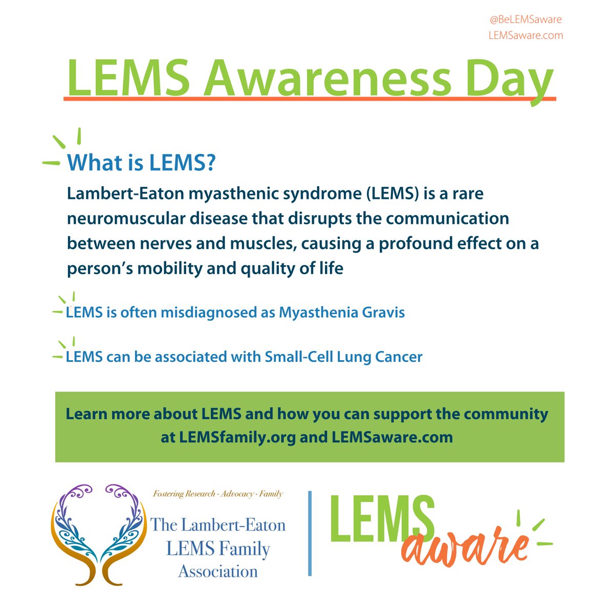 BeLEMSaware's tweet photo. Today, is #LEMSAwarenessDay!
LEMS is a rare neuromuscular disease, and today is all about spreading awareness. March 30th commemorates the important research of Dr. Edward Lambert and Dr. Lee Eaton.

Discover more about LEMS: https://t.co/V4kn0VloeO &amp; https://t.co/VyqxTBMzOj. https://t.co/ZFu5RaleO7