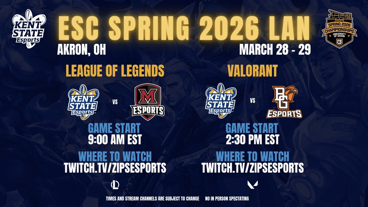 THE ESC LAN IS ALMOST HERE ‼️🗣️

Check out the graphic &amp; stay tuned on our socials to see when our first games will be and how to watch! 

#KentState | #KSUEsports ⚡️