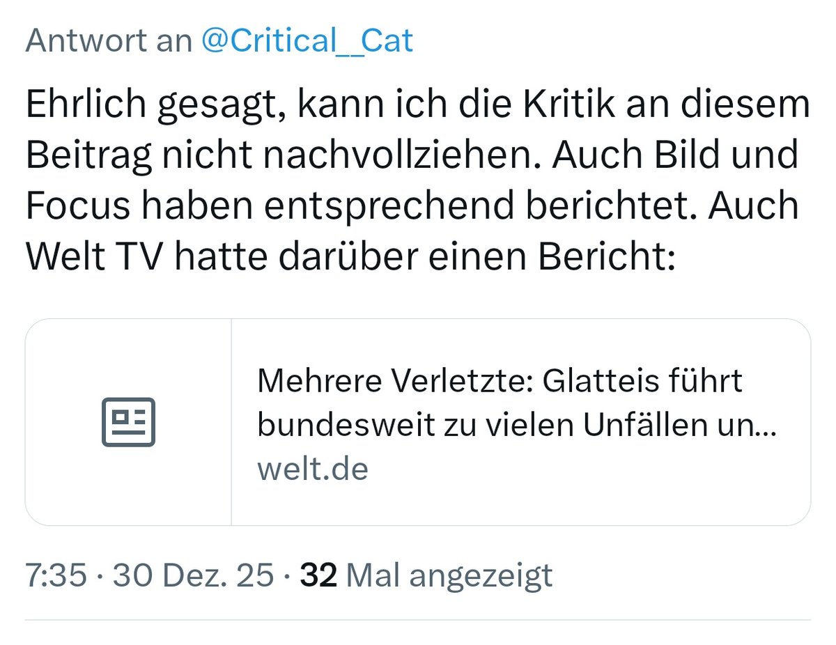 Hallo @critical__cat 
Wegen dieser Antwort haben Sie mich blockiert? Nicht Ihr Ernst, oder? Gerade Sie, die immer viel Kritik üben, sollten doch tolerant gegenüber Kritik sein!