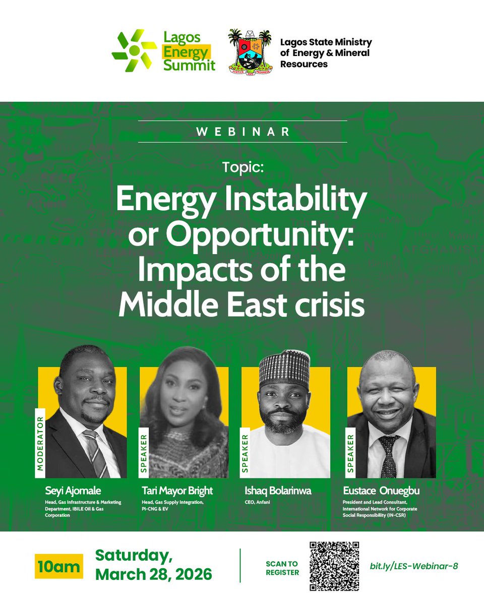 Global volatility requires local foresight.

How does the Middle East crisis impact our energy goals? Is this a risk or a window for innovation in Lagos?

Join me &amp; our expert panel tomorrow at 10 AM to find out.

🔗 Register: bit.ly/LES-Webinar-8

#EnergySecurity #Webinar