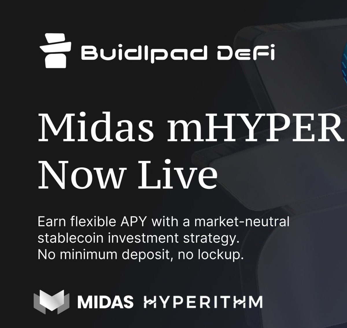 DiamondPawSol's tweet image. Buidlpad integrated  @MidasRWA’s mHYPER, a market-neutral stablecoin strateg into Buidlpad DeFi. 

No minimum deposit, no lockup, cap $51M. 👇

buildpad.cc/earn/vault

#DEFI #Staking