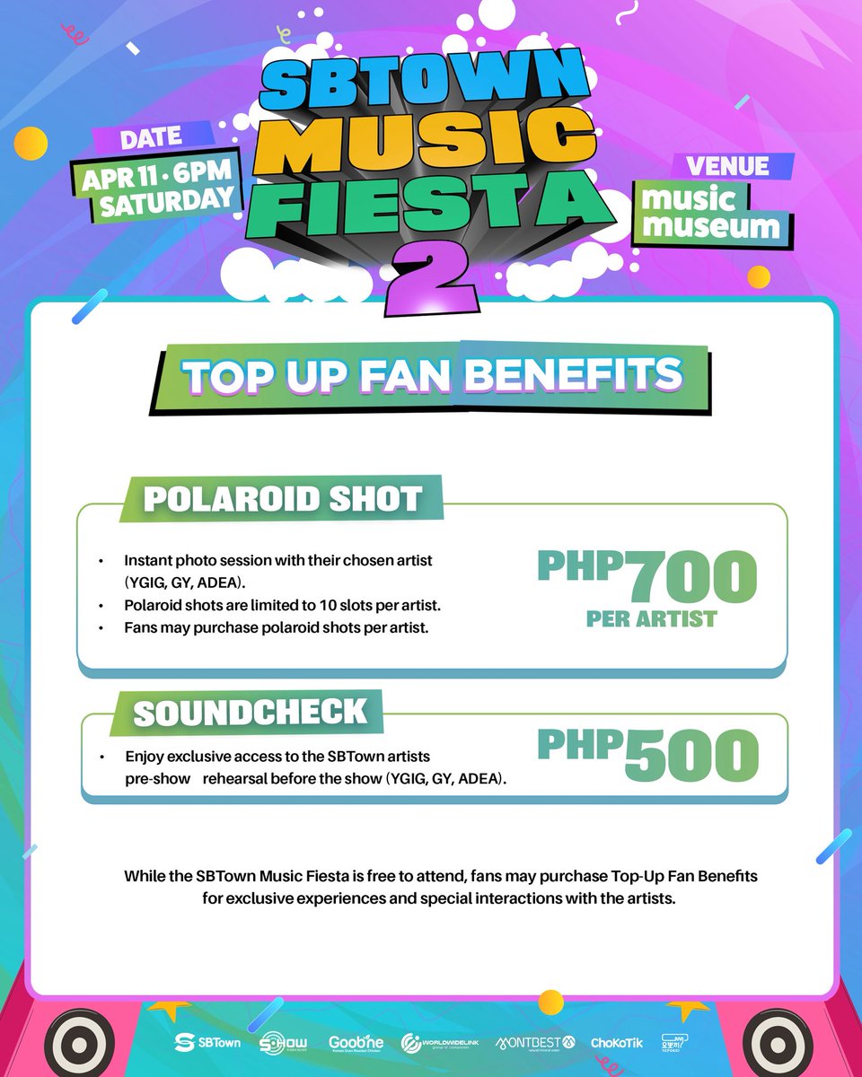 officialsbtown's tweet photo. Make your SBTown Music Fiesta 2 experience even more special ✨

We’ve prepared exclusive Top-Up Fan Benefits so you can create unforgettable moments with your favorite artists 💖
📸 Polaroid Shot – ₱700 per artist
🎤 Soundcheck – ₱500 https://t.co/Wz18IKV72f