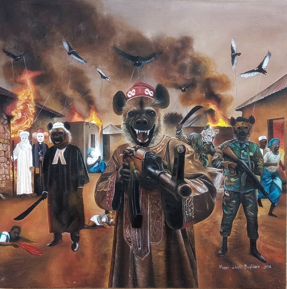 MOSESLOVEBONIF1's tweet photo. Title: DEMO-CRAZY
Medium: Oil Paints on Canvas
Genre: Surreal Realism 
Size: 36 by 36 inches (without frame )
Year: 2026 

AVAILABLE 

Think whatever you will about this painting.. https://t.co/FJX3pVVpH4