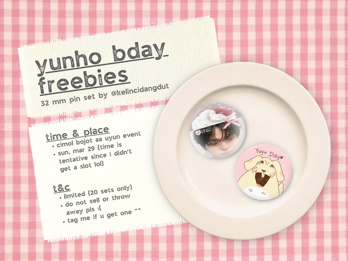 🌸🍰 𝔂𝓾𝓷𝓱𝓸 𝓫𝓭𝓪𝔂 𝓯𝓻𝓮𝓮𝓫𝓲𝓮𝓼 🍰🌸
by <a href="/kelincidangdut/">ning 📌 woodz freebies</a> 🐰 

you’ll get a set of 2 pins:
🧁 1 yunho frappe
🧁 1 tyudeongi hamster jelek

datengnya sesuai mood ya karna ak gadapet slotnya awok 😭👍