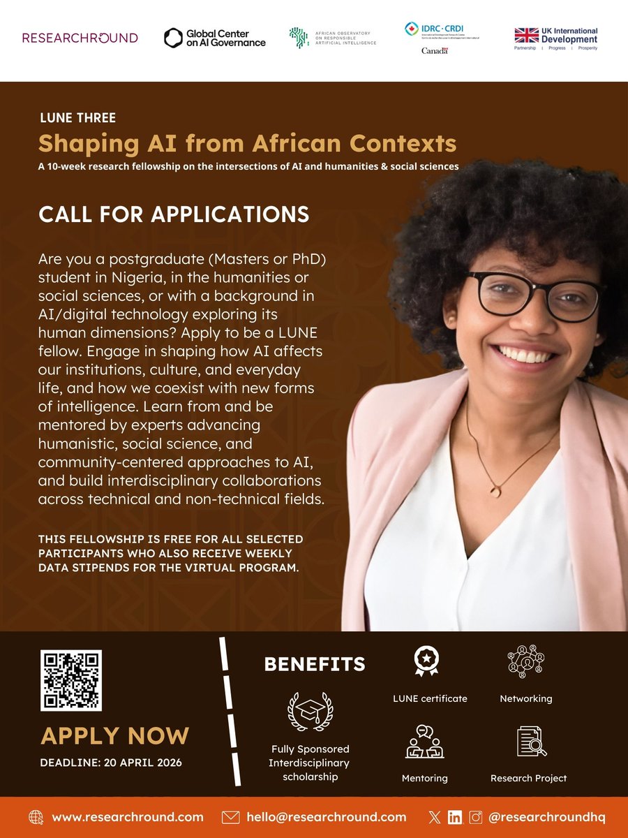 There are fewer than 4 weeks left to apply for the LUNE THREE Fellowship – Shaping AI from African Contexts.

Apply by April 20, 2026: researchround.com/lune-three

#LUNEAI #AfricanAI #ResearchRound