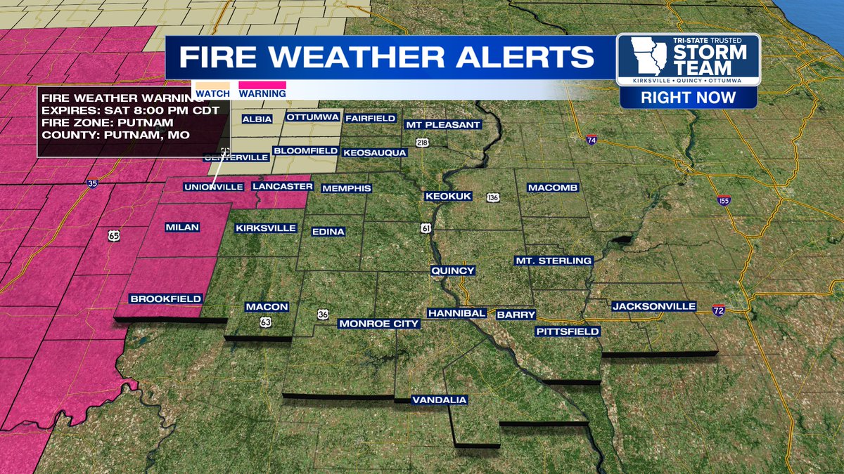 Red Flag Warning for Schuyler, Putnam, Linn and Sullivan counties from noon to 8 p.m. on Saturday.
ktvo.com/weather
