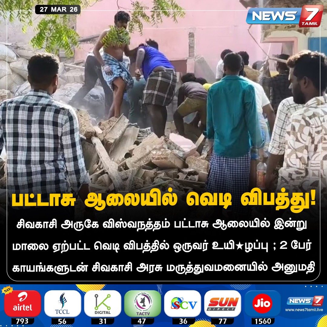 news7tamil's tweet image. பட்டாசு ஆலையில் விபத்து!

#Sivakasi | #Explosion | #Fireworks | #TamilNews | #LatestNews | #NewsUpdate