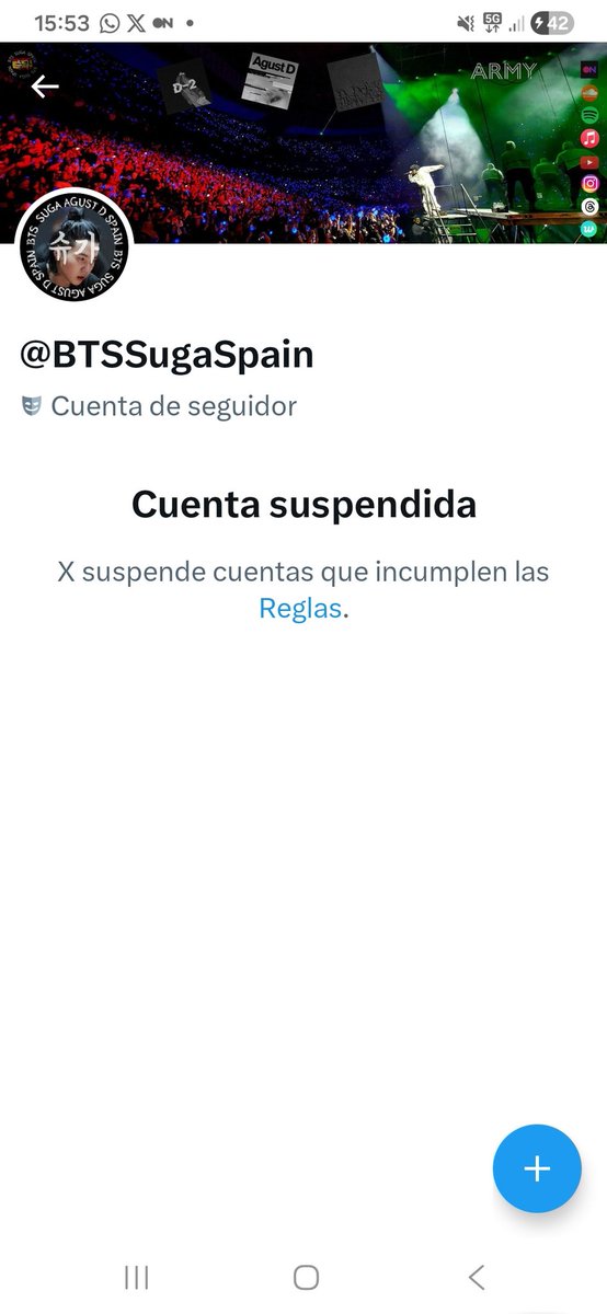 MfsMfs8804's tweet photo. Hello @X @Support 
I've been following @BTSSugaSpain for a long time and I've noticed that this account just got restricted without justification
The account owner has never violated any Twitter rules, ¿could you please investigate and kindly restore their account?
Thank you! https://t.co/1Q8136wgIx