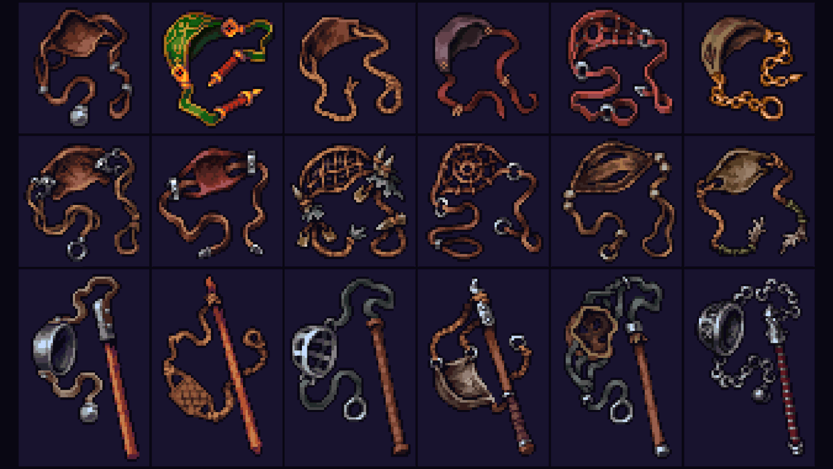 Stoneshard's tweet image. "Blood Omens" - The slings to crush the skulls of your enemies 💀
#weapons #medieval #pixelart #gamedev #indiedev #indiegame #ドット絵 #像素艺术 #픽셀아트