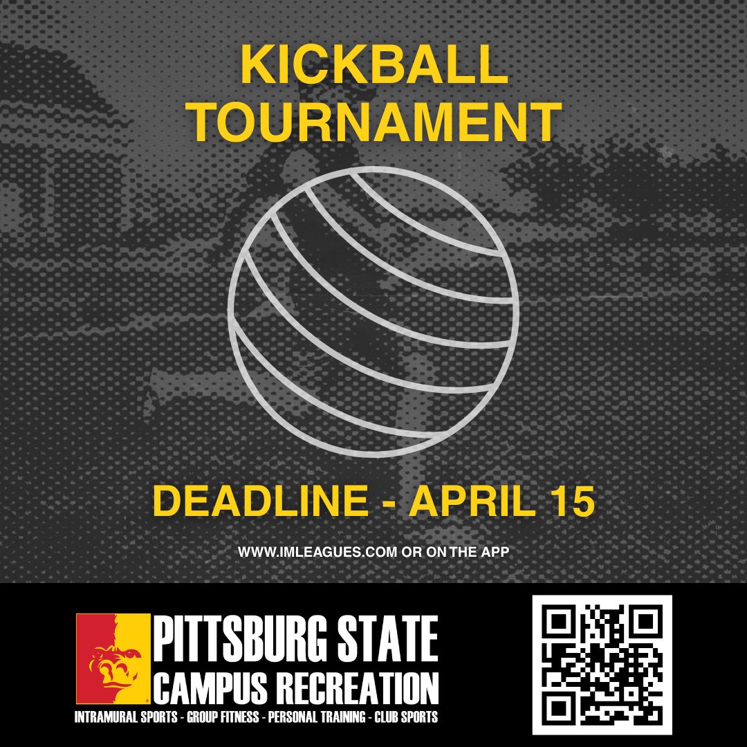 PSU_CampusRec's tweet image. 🚨 INTRAMURAL SPORTS DEADLINE 🚨 Today is the last day to sign up for the Kickball Tournament! Sign up on IMLeagues or on the Pitt State Campus Rec App! #CampusRec #CampusLife #OAGAAG #PSU #PittState #PittStateRec