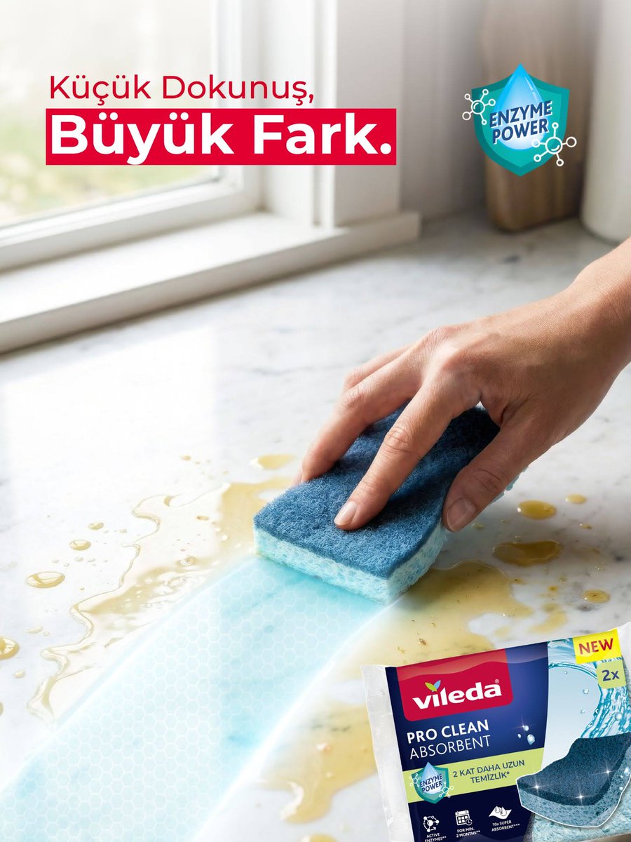 ViledaTR's tweet photo. Küçük bir dokunuşla büyük fark yaratmak mümkün.

Vileda Pro Clean Absorbent, enzim teknolojisi sayesinde lekelerin kaynağına iner, yüzeylerde zahmetsiz ve etkili bir sonuç sunar.

Günlük mutfak temizliğinde pratik bir çözüm arayanlar için güçlü bir yardımcı.

Hemen keşfedin. https://t.co/NTASTFsJyP