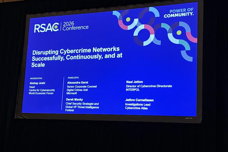 Fortinet's tweet image. At #RSAC2026, #Fortinet’s Derek Manky joined fellow cyber leaders from the World Economic Forum (@WEF), @INTERPOL_HQ, and @Microsoft to discuss how sustained global collaboration is shifting cybercrime disruption from one-off takedowns to continuous, measurable impact.
 
From