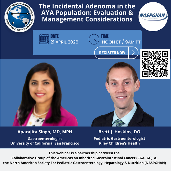 NASPGHAN's tweet photo. Join CGA-IGC &amp; NASPGHAN on Tuesday, April 21 at 12 PM ET for their webinar "The Incidental Adenoma in the AYA Population: Evaluation &amp; Management Considerations."

Register now: https://t.co/eJoWOVkzSw https://t.co/qvKzAdfHEX