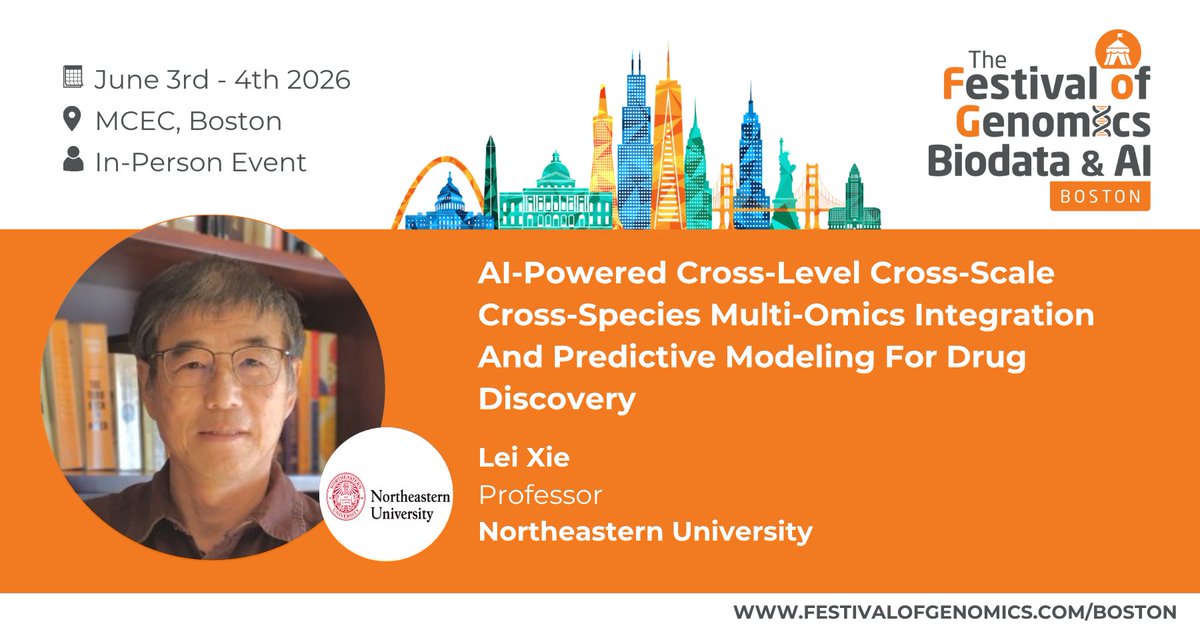FLGenomics's tweet image. Lei Xie (Professor, Northeastern University) will be speaking at The Festival of Genomics, Biodata &amp;amp; AI in Boston in June! He will discuss an advanced modeling approach to identify novel molecular targets and medicines. More info: hubs.la/Q048tZ4T0 #FOGBoston #multiomics