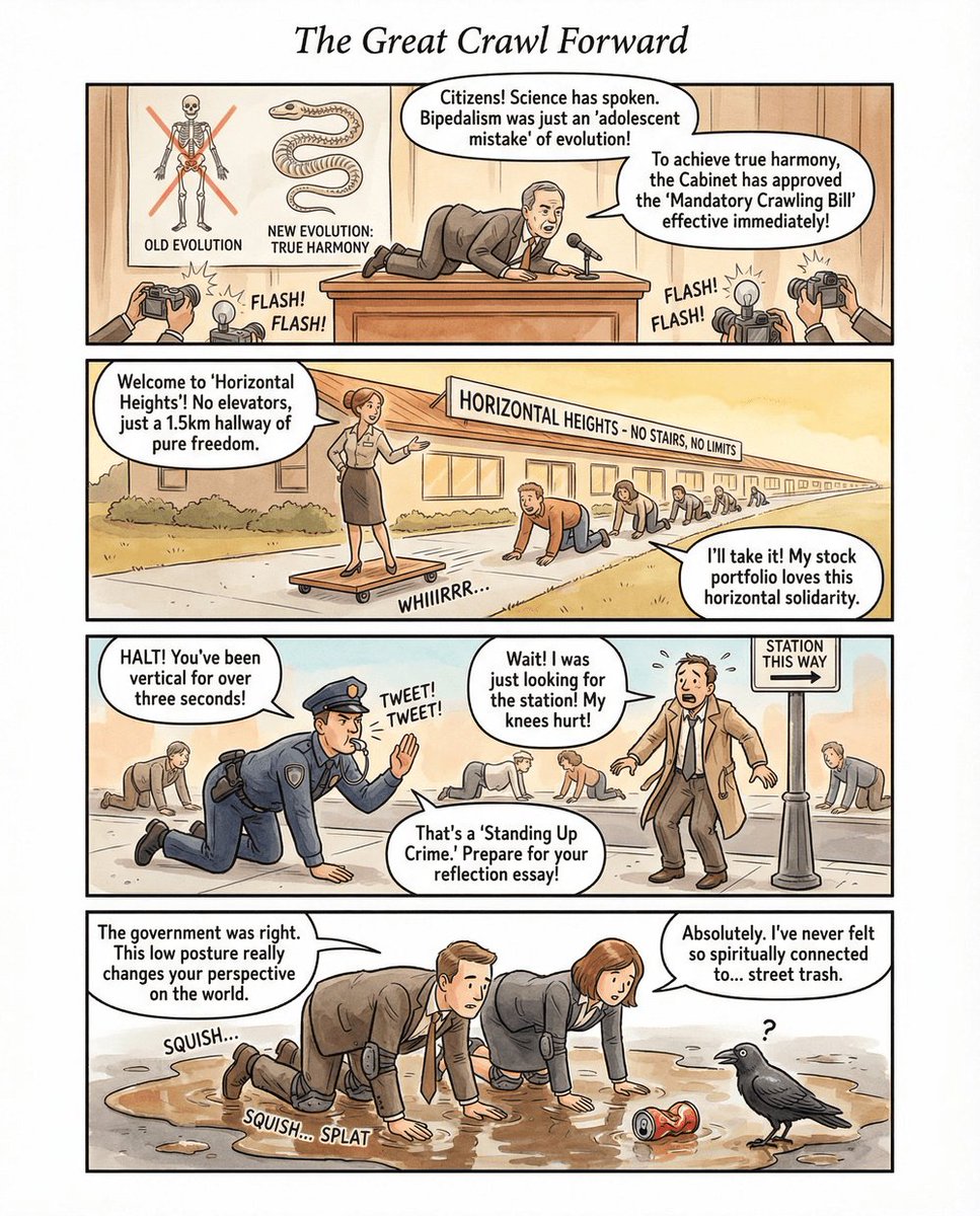 AltAndPaperEN's tweet image. Standing Up Now Illegal After Snake Fossil Discovery

Nation forced to crawl. Developers rush to build flat apartments.

#AltAndPaperEN #crawling #law #absurd #ShortComic