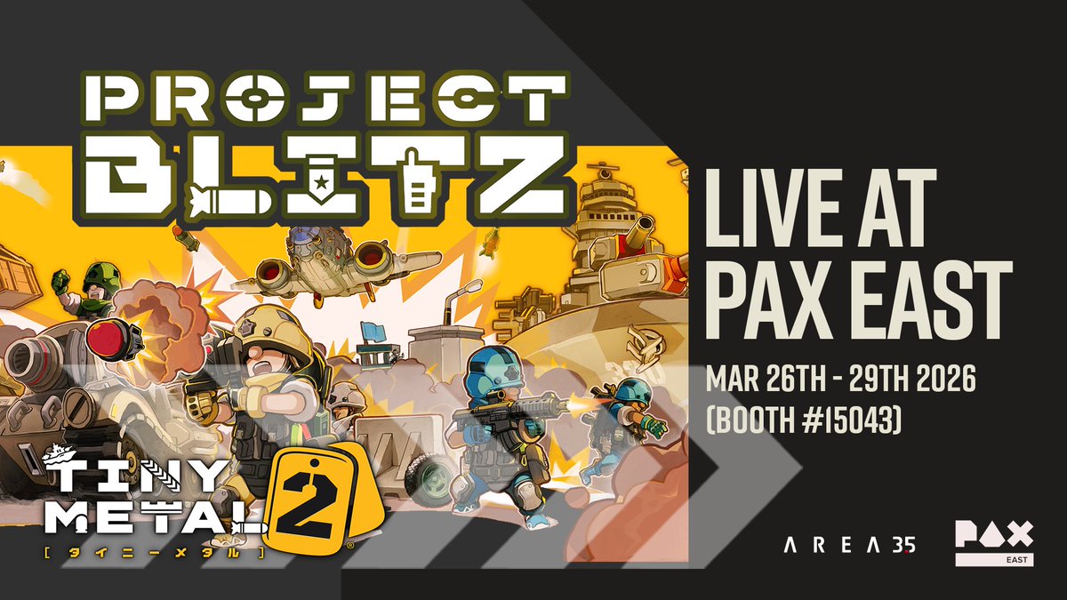 tinymetalgame's tweet photo. ⚡️PROJECT BLITZ ⚡️
A fast-paced multiplayer set in the TINY METAL world.
4 players. Quick rounds. Last one standing wins 🏅
AREA 35
📍 Booth #15043
#AREA35 #PAXEast2026 #PROJECTBLITZ https://t.co/MsSTt7tj8u