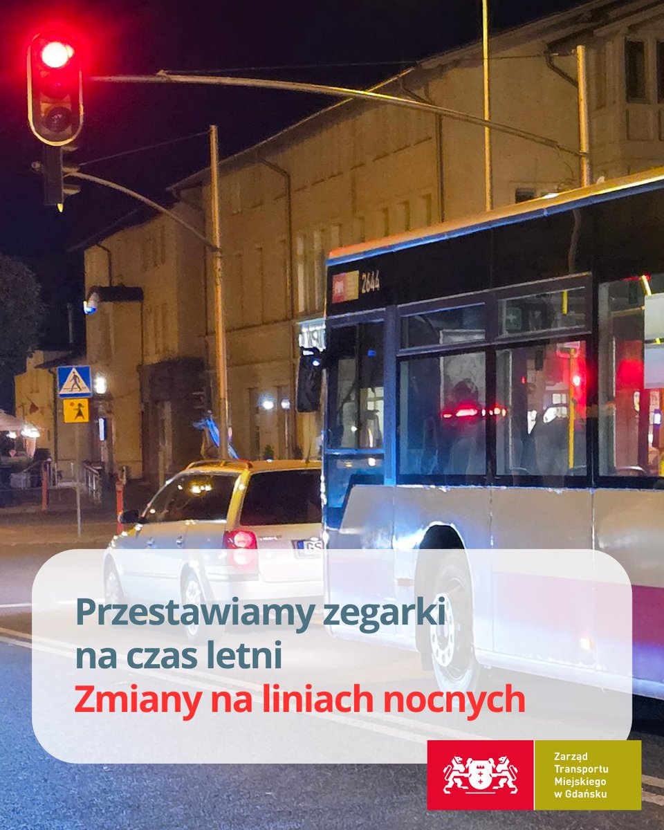ZTM_Gdansk's tweet photo. 🕑 ➡️ 🕒 W najbliższy weekend wjeżdżamy w czas letni! 
W nocy z soboty na niedzielę przestawiamy zegarki z godziny 02:00 na 03:00.

🚌 Co to oznacza dla pasażerów autobusów nocnych?

Wszystkie szczegóły w naszym komunikacie: https://t.co/prG1KQl1yb https://t.co/urOOeZzy9z