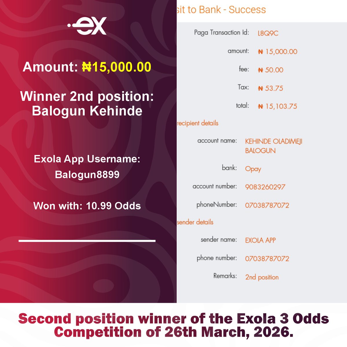 Exolaforecast's tweet photo. Payment for the winners of the Exola 3 to 10.99 odds Competition Mar 26th 2026.

You too can be among those who gets paid everyday if you know how to forecast football matches.

Send a DM to join. https://t.co/rVrP6eolGG