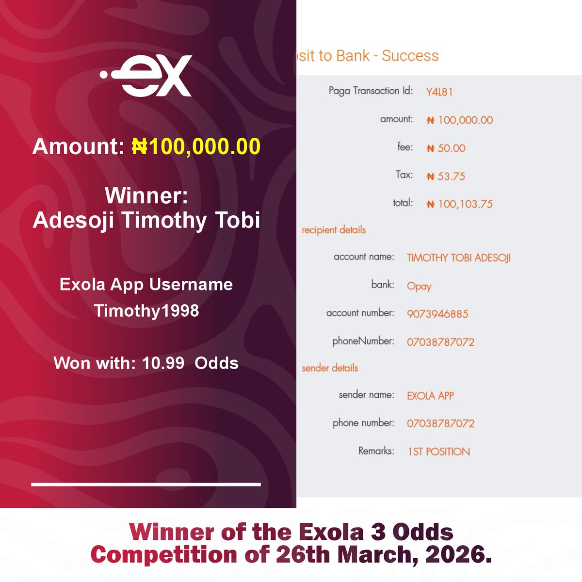 Exolaforecast's tweet photo. Payment for the winners of the Exola 3 to 10.99 odds Competition Mar 26th 2026.

You too can be among those who gets paid everyday if you know how to forecast football matches.

Send a DM to join. https://t.co/rVrP6eolGG