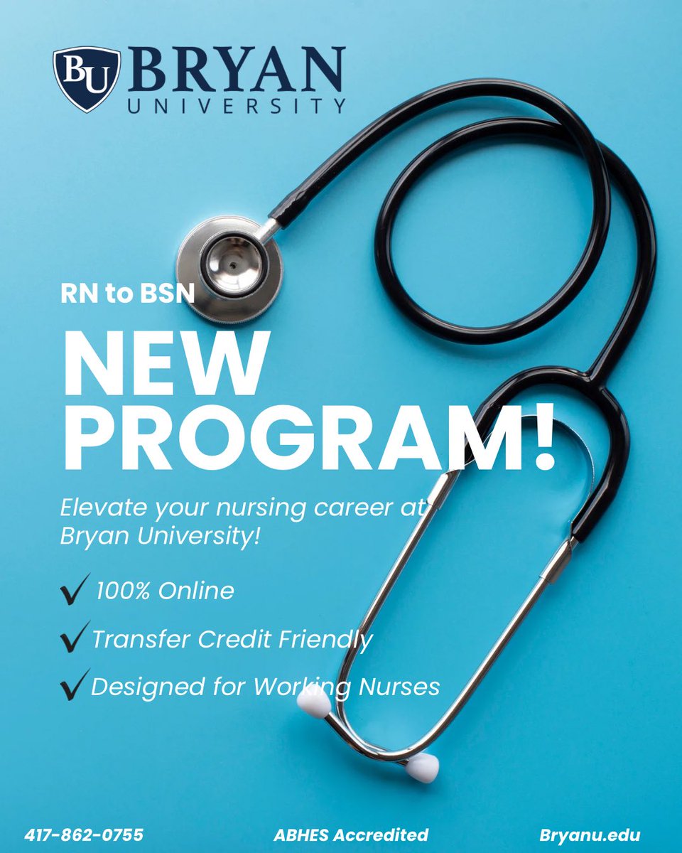 LearnatBryan's tweet image. Already an RN❓

Take the next step❗️

Bryan University’s RN to BSN program is built for busy nurses who want to advance their career and open new opportunities in healthcare! 🏥

☎️ 417-862-7055
💻100% Online
✅ABHES Accredited 

#bryanuniversity #enrolltoday #RNtoBSN