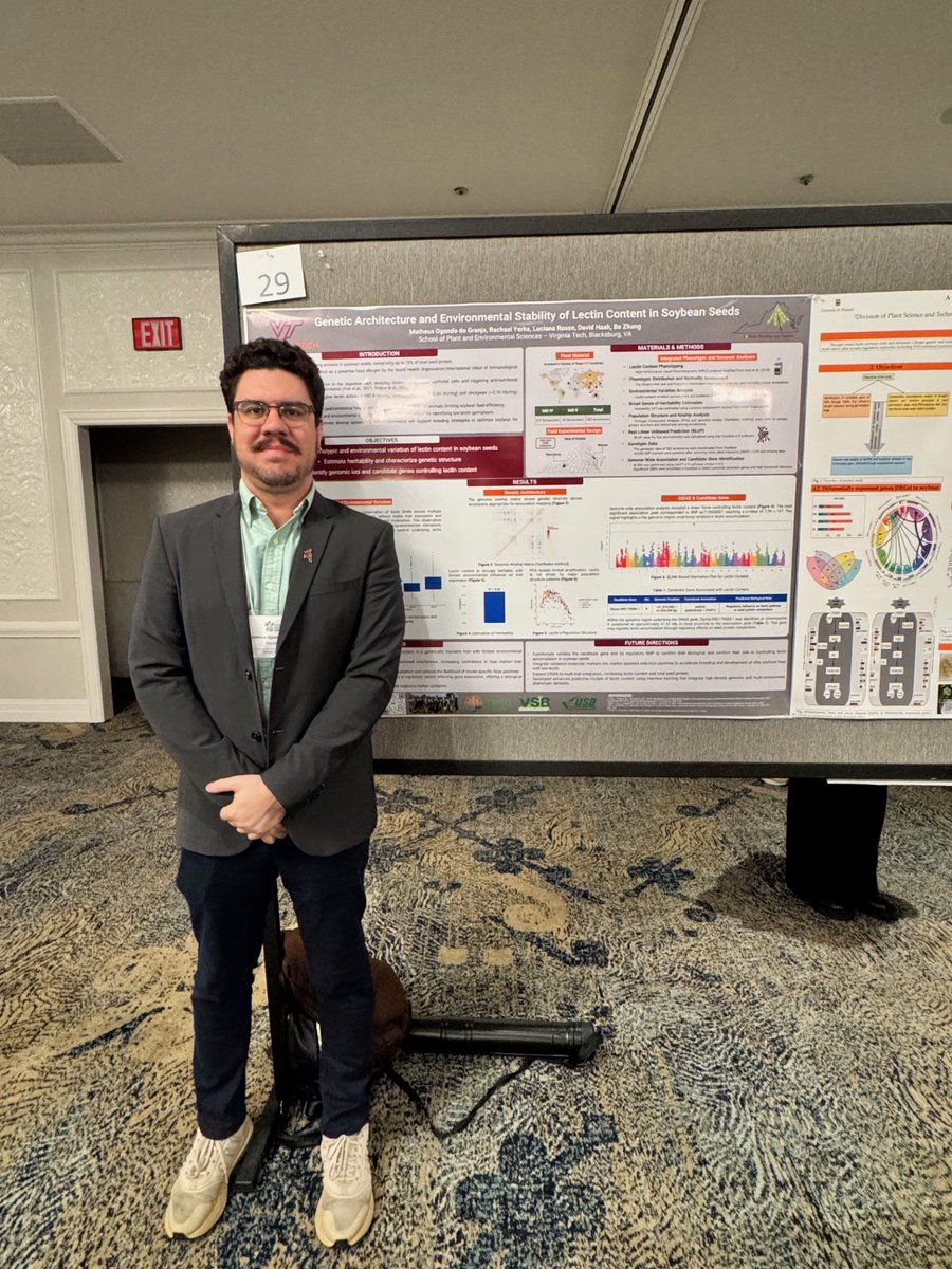 VT_TPSC's tweet photo. At the 2026 Soybean Breeders Workshop in St. Louis, MO, graduate students from the Zhang Lab (Virginia Claire Lehmann, Yaojie Zheng, and Matheus Granja) presented their research. The workshop featured over 20 talks focused on plant physiology and its advancements in breeding. https://t.co/AXS5RbCPBQ