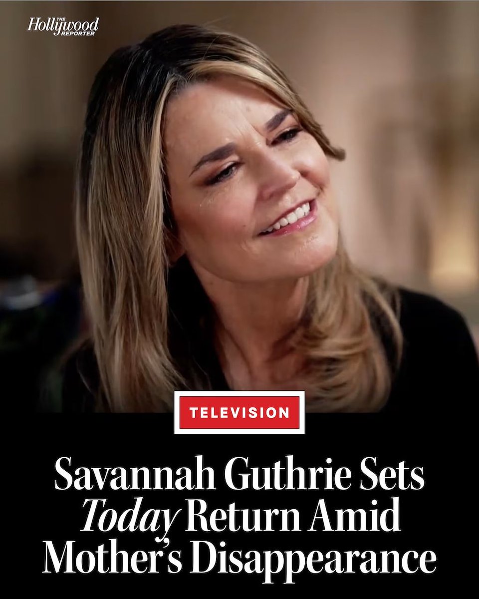 THR's tweet image. Savannah Guthrie will return to #Today on Monday, April 6, amid her mother’s suspected abduction. bit.ly/4bP2341