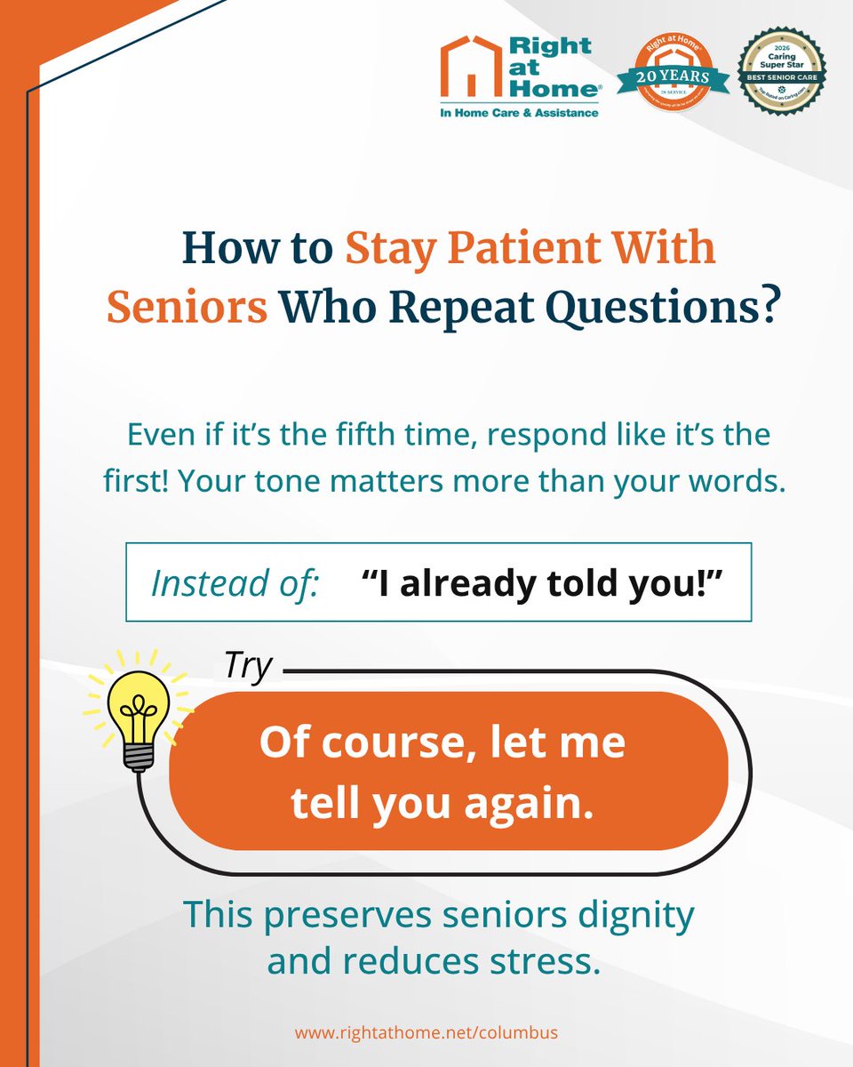RAHColumbusOhio's tweet image. Sometimes it is not what you say, but how you say it. Responding with patience instead of frustration can protect dignity and reduce stress for seniors who repeat questions. #MemoryCare #HomeCareServices #CareTips