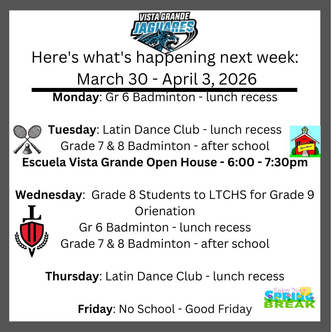 Here's what's happening next week at Escuela Vista Grande!
