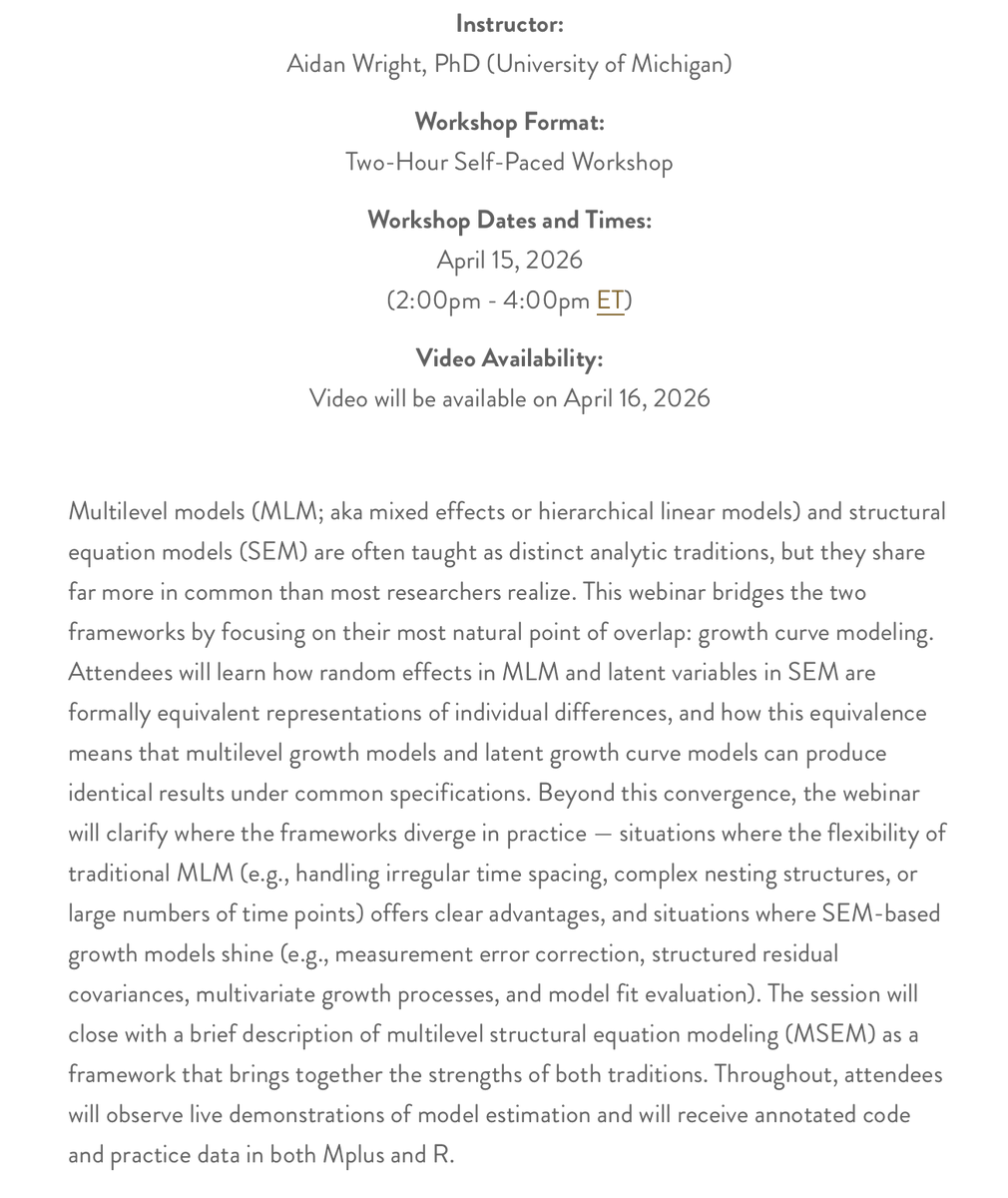 aidangcw's tweet photo. 🚨FREE WEBINAR ANNOUNCEMENT🚨

Get an early start to #statnerdsummer with a free seminar on how multilevel models and structural equation models intersect.

I'll be showing this through MLM and SEM growth curves.

Sign up for free! Share widely!

You can register here: https://t.co/JgINmAb2AP