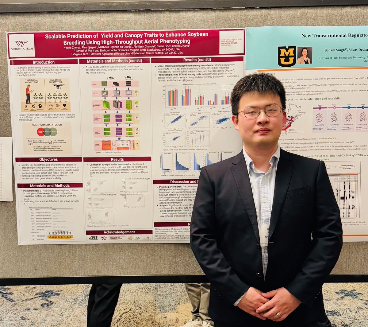 VT_TPSC's tweet photo. At the 2026 Soybean Breeders Workshop in St. Louis, MO, graduate students from the Zhang Lab (Virginia Claire Lehmann, Yaojie Zheng, and Matheus Granja) presented their research. The workshop featured over 20 talks focused on plant physiology and its advancements in breeding. https://t.co/AXS5RbCPBQ