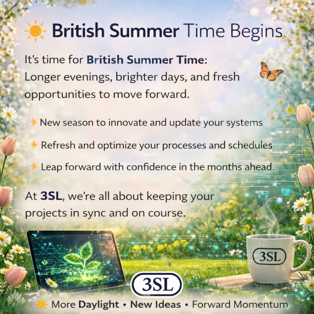 British Summer Time begins — bringing longer days, brighter thinking, and fresh momentum.
It’s the perfect moment to reset, refocus, and move projects forward with clarity and confidence.
At 3SL, we help you stay aligned, organised, and ready for what’s next.