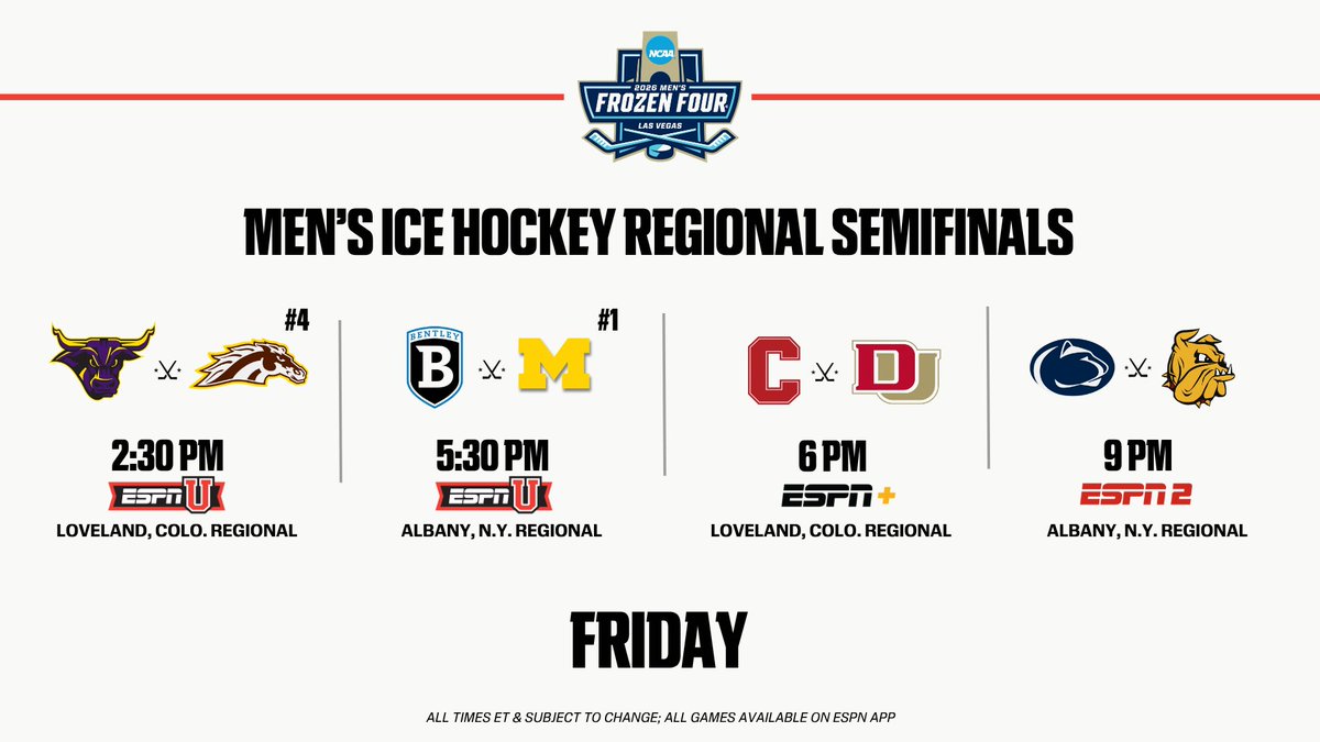 ESPNPR's tweet photo. Friday, men's #NCAAHockey Regional Semifinals action continues across ESPN networks 🏒

Details: https://t.co/ObYJLJNWHP | #MFrozenFour https://t.co/85SHg0L8ko