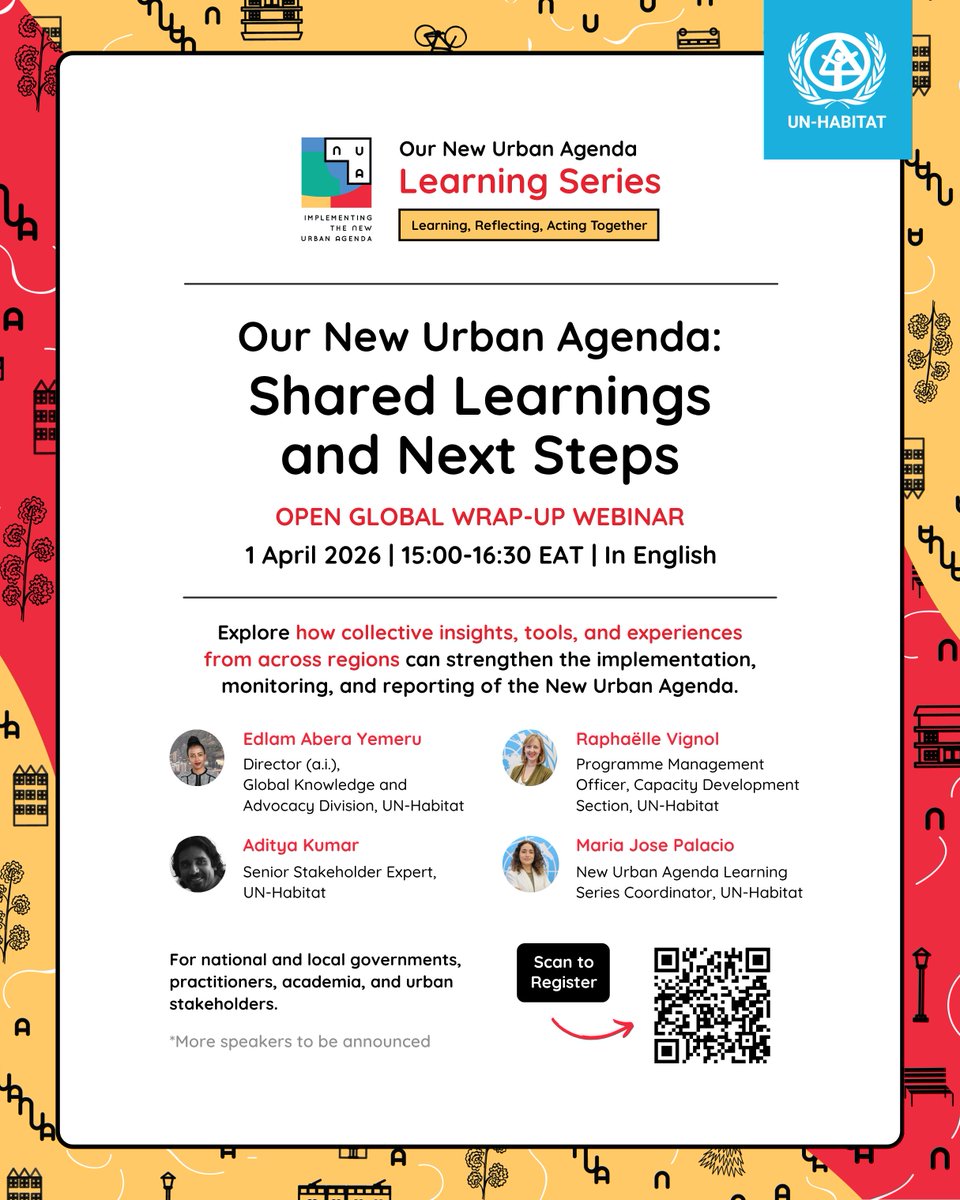 UNHABITAT's tweet image. What have we learned—and what comes next for the New Urban Agenda? 

​Join the final webinar of the #NUALearningSeries: 
“Our New Urban Agenda: Shared Learnings and Next Steps” 

​📅 1 April 2026 | 15:00–16:30 EAT 
🔗 Register: lnkd.in/ehAQHmWs #NUAReporting #SDG11